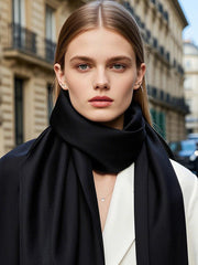 Black mulberry silk rectangle long scarf styled on a woman, perfect for a chic look.