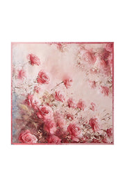 Mulberry silk square scarf with a delicate rose pattern in shades of pink, 53x53cm.