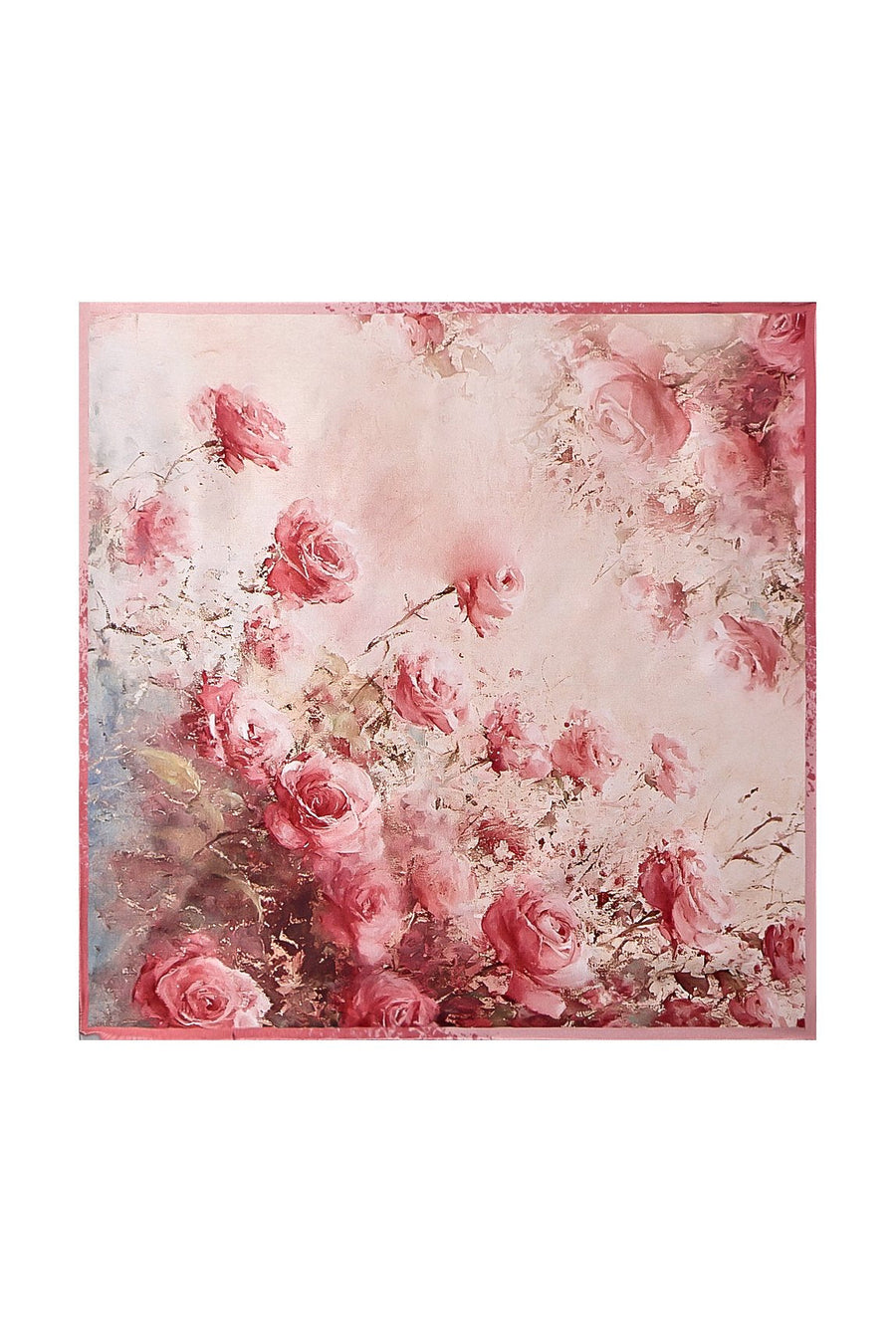 Mulberry silk square scarf with a delicate rose pattern in shades of pink, 53x53cm.