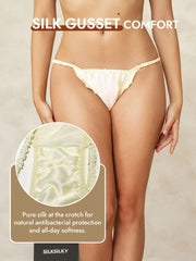 Pale yellow mulberry silk ruffle trim string panty with a silk gusset for comfort and antibacterial protection.