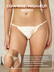 Cream 100% Mulberry silk ruffle trim string panty with low-rise, high-cut design.