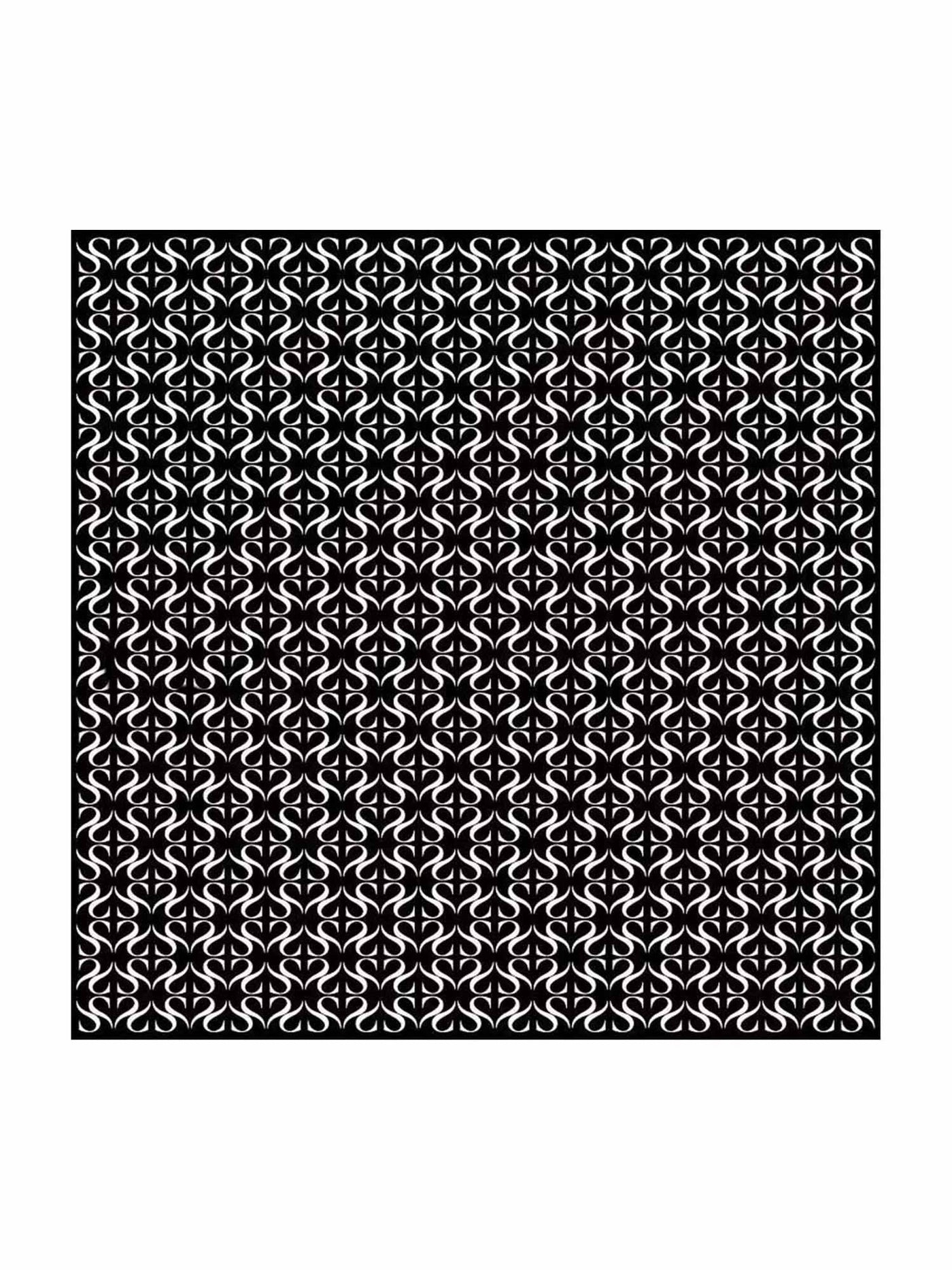 Black and white mulberry silk square scarf with a repeating ornate pattern, 90x90cm.