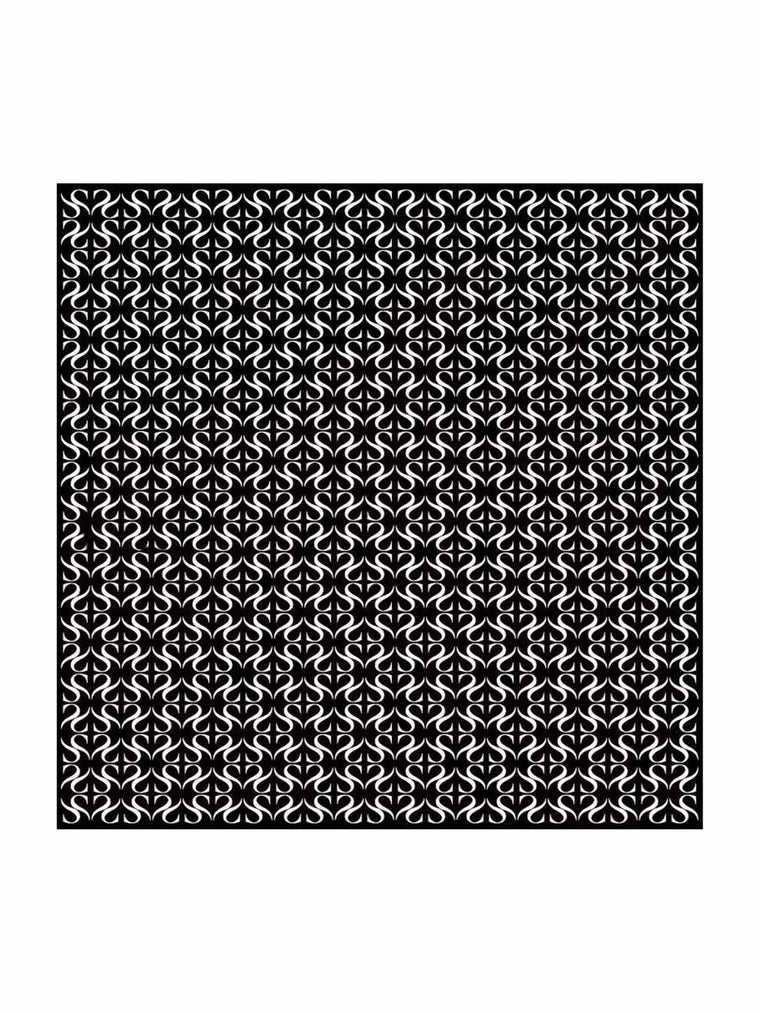 Black and white mulberry silk square scarf with a repeating ornate pattern, 90x90cm.
