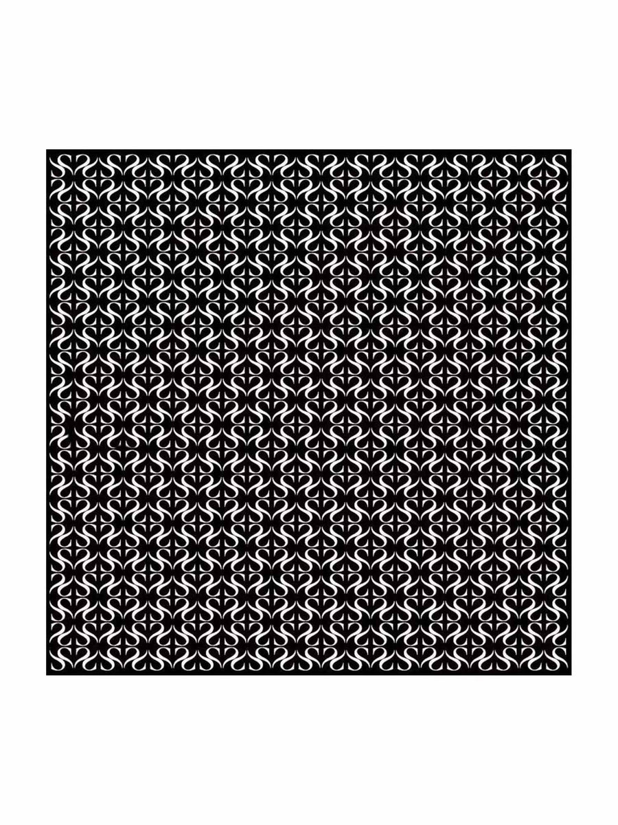 Black and white mulberry silk square scarf with a repeating ornate pattern, 90x90cm.