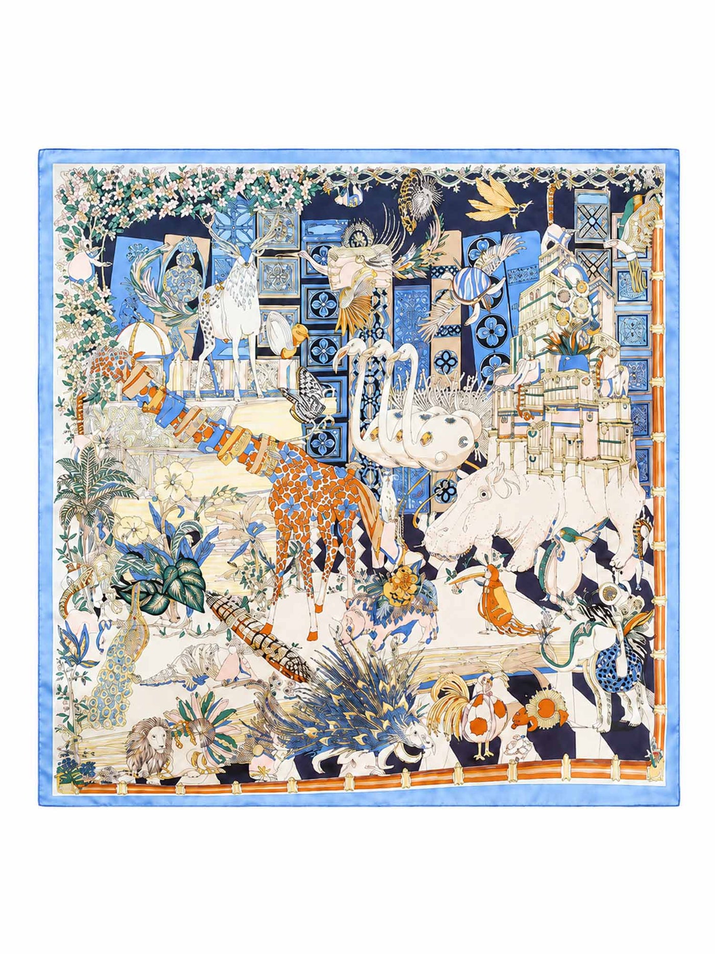 Mulberry silk scarf, 68x68cm, featuring a vibrant blue scenery pattern with animals and nature.
