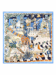 Mulberry silk scarf, 68x68cm, featuring a vibrant blue scenery pattern with animals and nature.