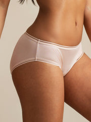 Light pink mulberry silk seamless mesh edge panty on a model.