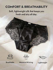 Black mulberry silk sexy lace panty with delicate floral lace trim, offering comfort and breathability.