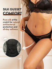 Black mulberry silk sexy lace panty with pure silk gusset for comfort and protection.