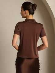 Women's brown mulberry silk short sleeve mock neck t-shirt.