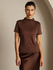 Women's brown mulberry silk short sleeve mock neck t-shirt and matching skirt.