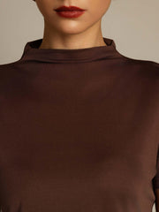 Women's brown mulberry silk short sleeve mock neck t-shirt.