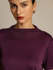 Women's mulberry silk short sleeve mock neck t-shirt in deep plum.