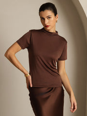 Women's purple mulberry silk short sleeve mock neck t-shirt.