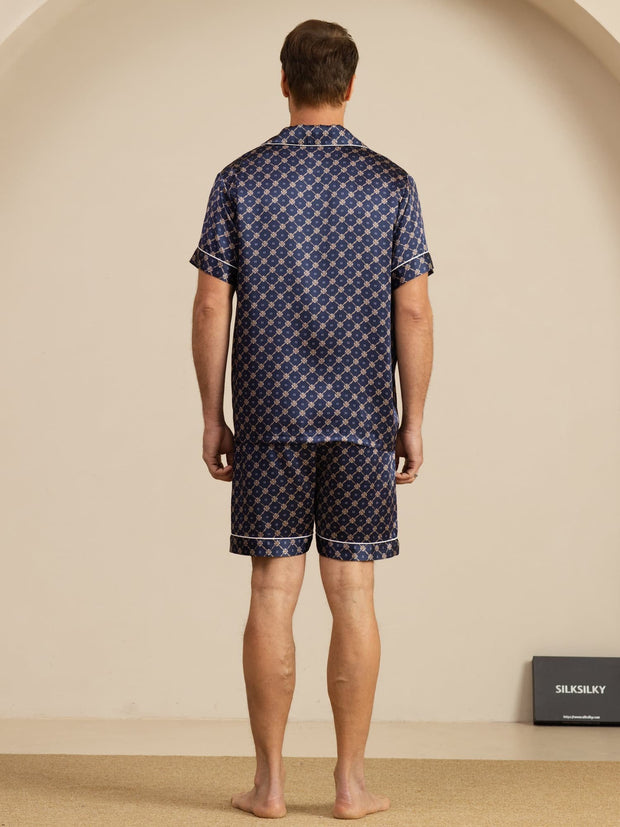 Men's mulberry silk short sleeve pajamas with blue chain print and white piping.