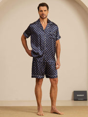 Men's navy mulberry silk short sleeve pajamas with chain print and white piping.