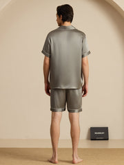 Men's gray mulberry silk short sleeve pajama set with notch collar and white piping.