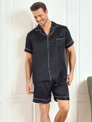 Men's black mulberry silk short sleeve pajama set with notch collar and white piping.