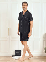 Men's black mulberry silk short sleeve pajamas set with notch collar and white piping.