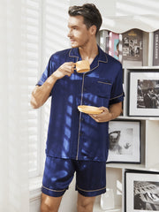 Dark blue 100% mulberry silk men's short sleeve notch collar pajama set with shorts.