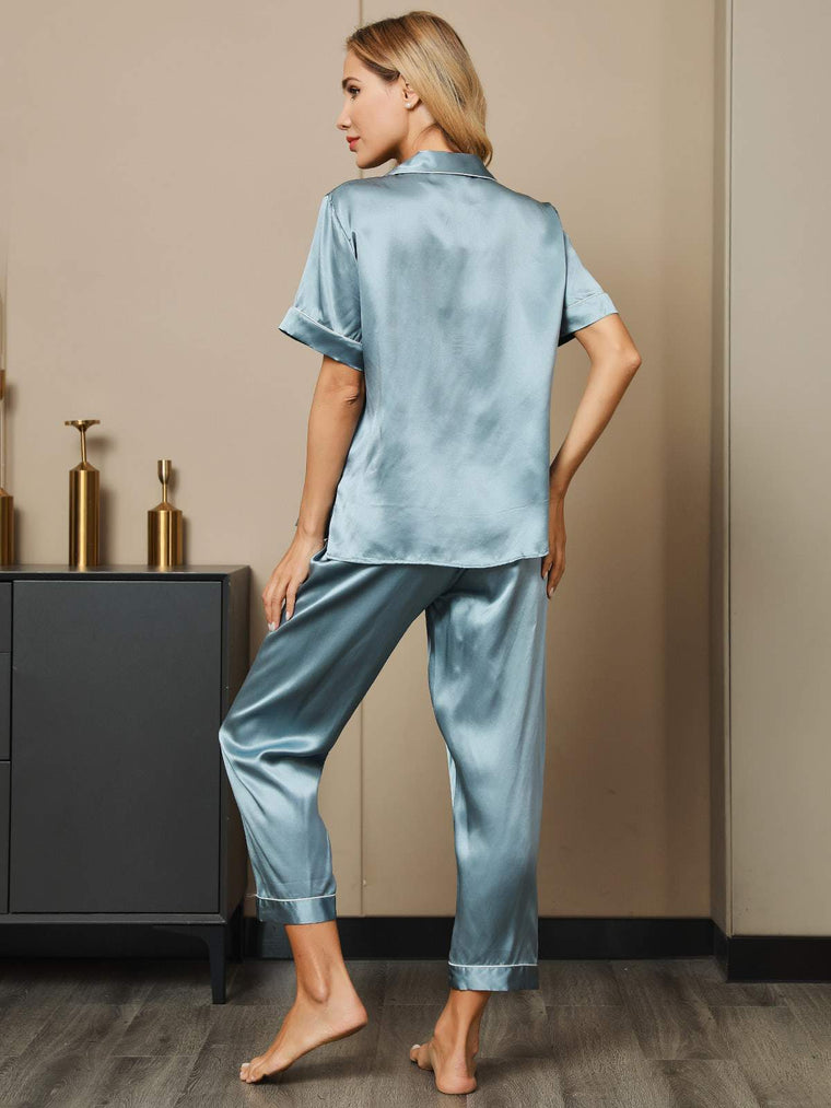 Women's light blue mulberry silk short sleeve pajama set.
