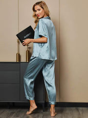 Women's light blue mulberry silk short sleeve pajamas set.