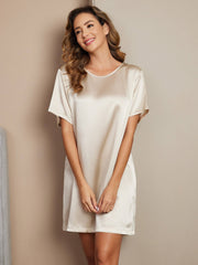Women's champagne mulberry silk short sleeve round neck nightgown.