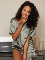 Women's mulberry silk short sleeve round neck pajamas set in a soft sage green.