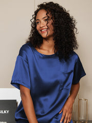 Women's navy blue mulberry silk short sleeve top with a round neck and chest pocket.