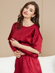 Red mulberry silk short sleeve round neck women's sleep tee with pocket.
