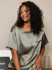 Women's mulberry silk short sleeve round neck sleep tee in a soft grey color with a chest pocket.