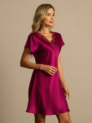 Women's mulberry silk short sleeve V-neck nightgown in magenta with lace trim.