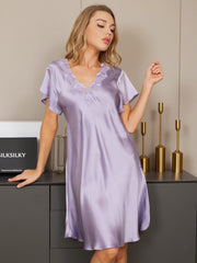 Lavender mulberry silk V-neck nightgown with short sleeves and delicate lace trim.