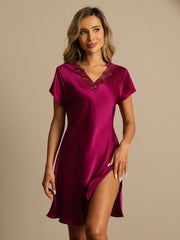 Women's mulberry silk short sleeve V-neck nightgown in magenta with lace trim and side split.