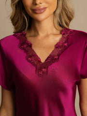 Mulberry silk short sleeve V-neck nightgown in magenta with delicate lace trim.