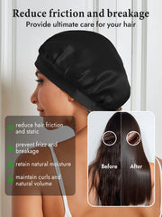 Black mulberry silk sleep bonnet on a woman, showing before/after hair care benefits.