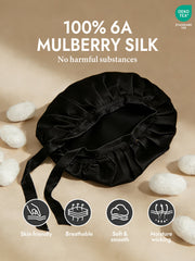 Black 100% 6A mulberry silk sleep bonnet with ribbons, soft and smooth.