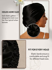 Black mulberry silk sleep cap with elastic back, designed for a comfortable, snug fit and holding more hair.