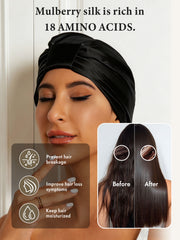 Woman wearing a black mulberry silk sleep cap bonnet, with text highlighting hair benefits.