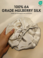 Cream 100% 6A grade mulberry silk sleep cap with double-layer design and elastic band.