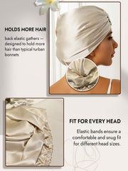 Champagne mulberry silk sleep cap with elastic back, designed for comfort and to hold more hair.