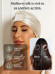 Woman wearing a champagne double-layer mulberry silk sleep cap, with hair health benefits shown.
