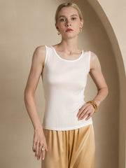 White 100% Mulberry Silk Sleeveless Round Neck Women's Tank Top.