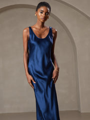 Women's navy blue mulberry silk sleeveless U-neck midi long dress.