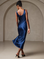 Women's navy blue mulberry silk U-neck midi long dress, sleeveless, flowing design.