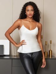 White mulberry silk spaghetti strap camisole top on a woman.