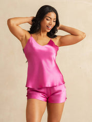 Women's pink mulberry silk spaghetti strap camisole and shorts pajama set.