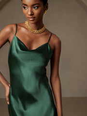 Dark green mulberry silk spaghetti strap cowl neck midi dress.