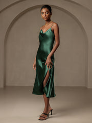 Women's emerald green mulberry silk cowl neck midi dress with spaghetti straps and a side split.