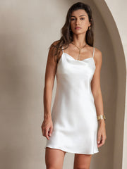 White mulberry silk spaghetti strap cowl neck short dress.